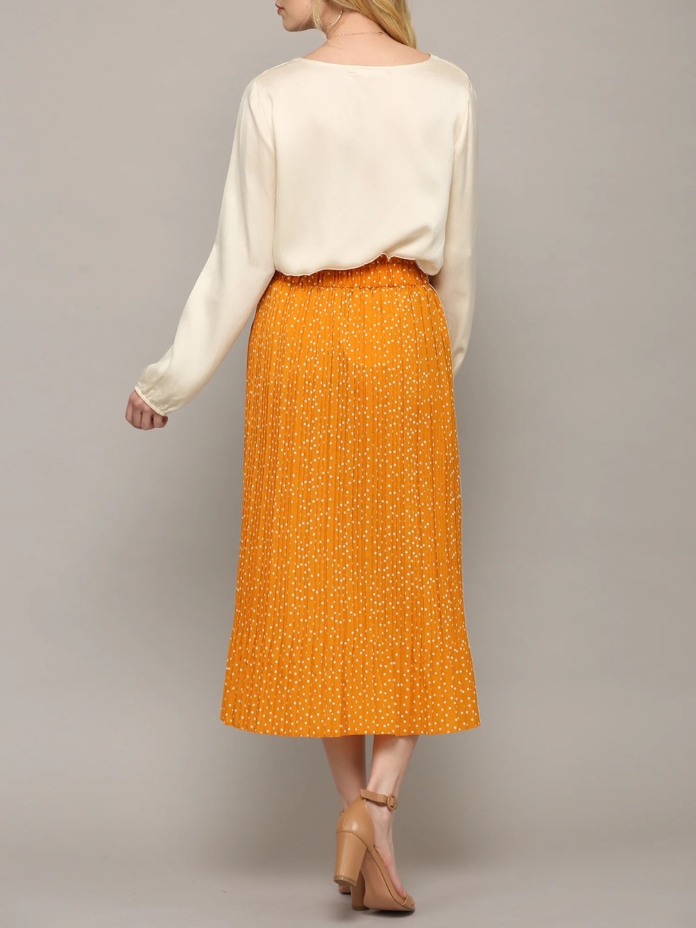 ASOS Mustard Yellow Pleated Midi Skirt with Subtle Dot Print